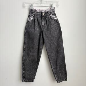 Kid's Vintage OshKosh B'gosh Black Acid Wash Pink Striped Ruffle Trim Jeans